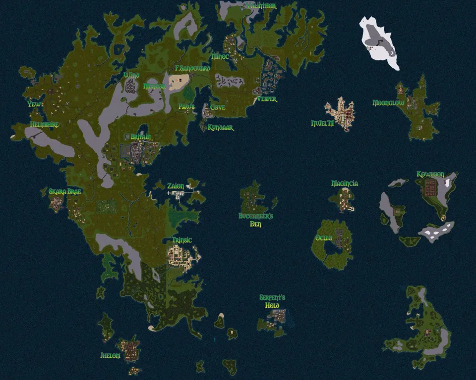 Mappa d'archivio del continente principale di Alseran, con le città e le isole segnate.