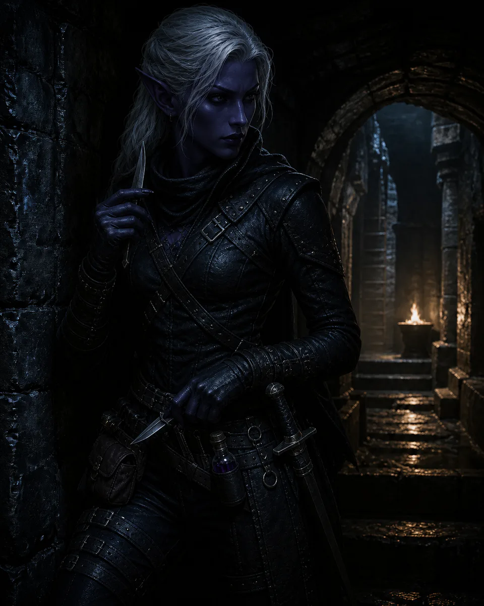 Un'Assassina drow emerge dalle ombre con due lame avvelenate.