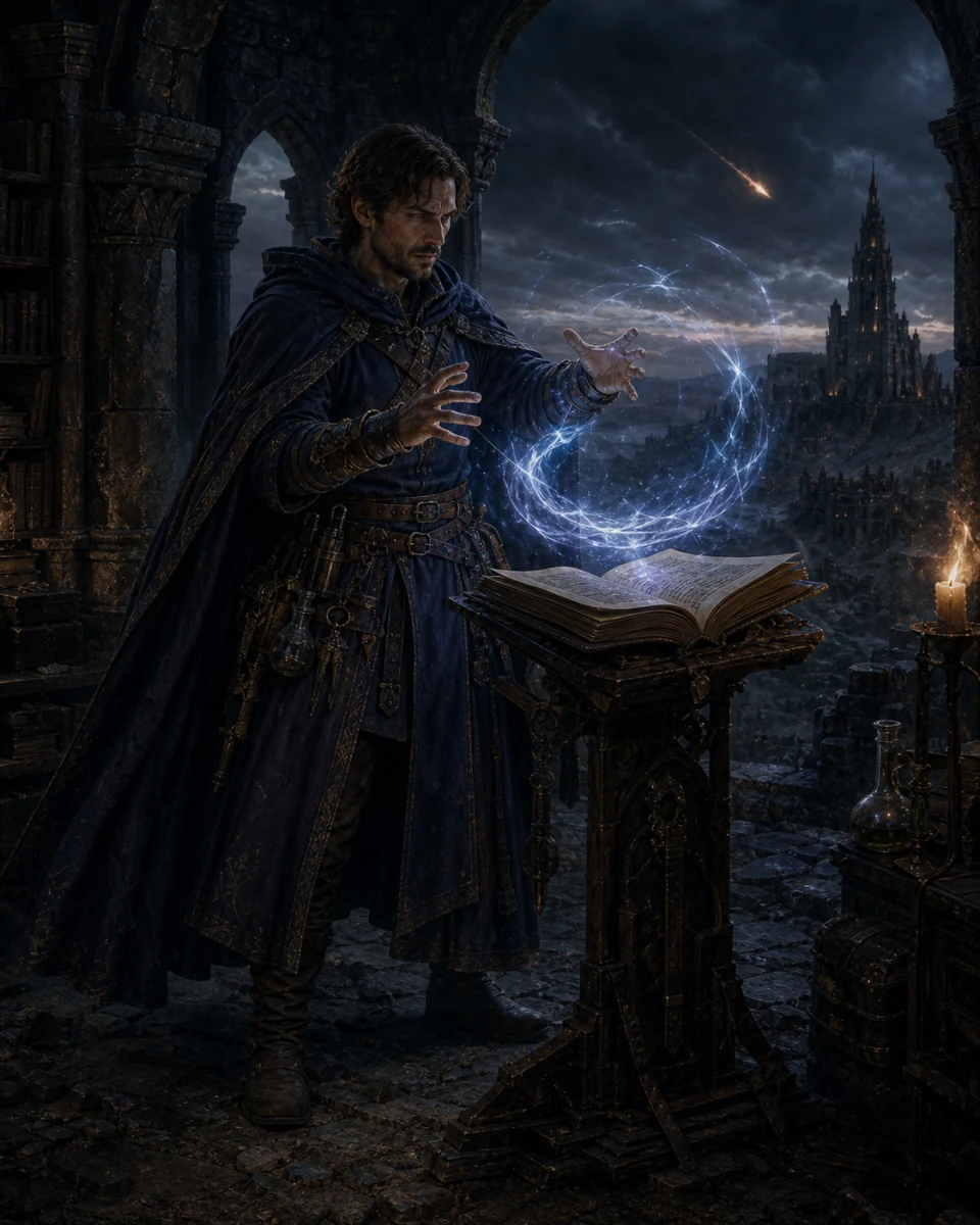 Un Arcimago di Alseran modella energia arcana sopra un antico libro in un osservatorio in rovina.
