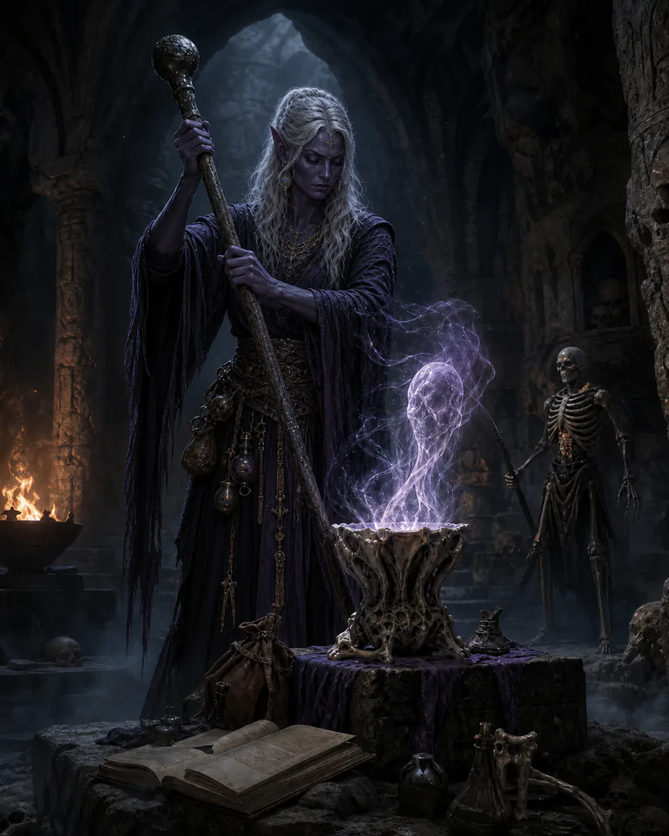 Una Necromante drow governa energie d'ombra tra rovine e resti antichi.