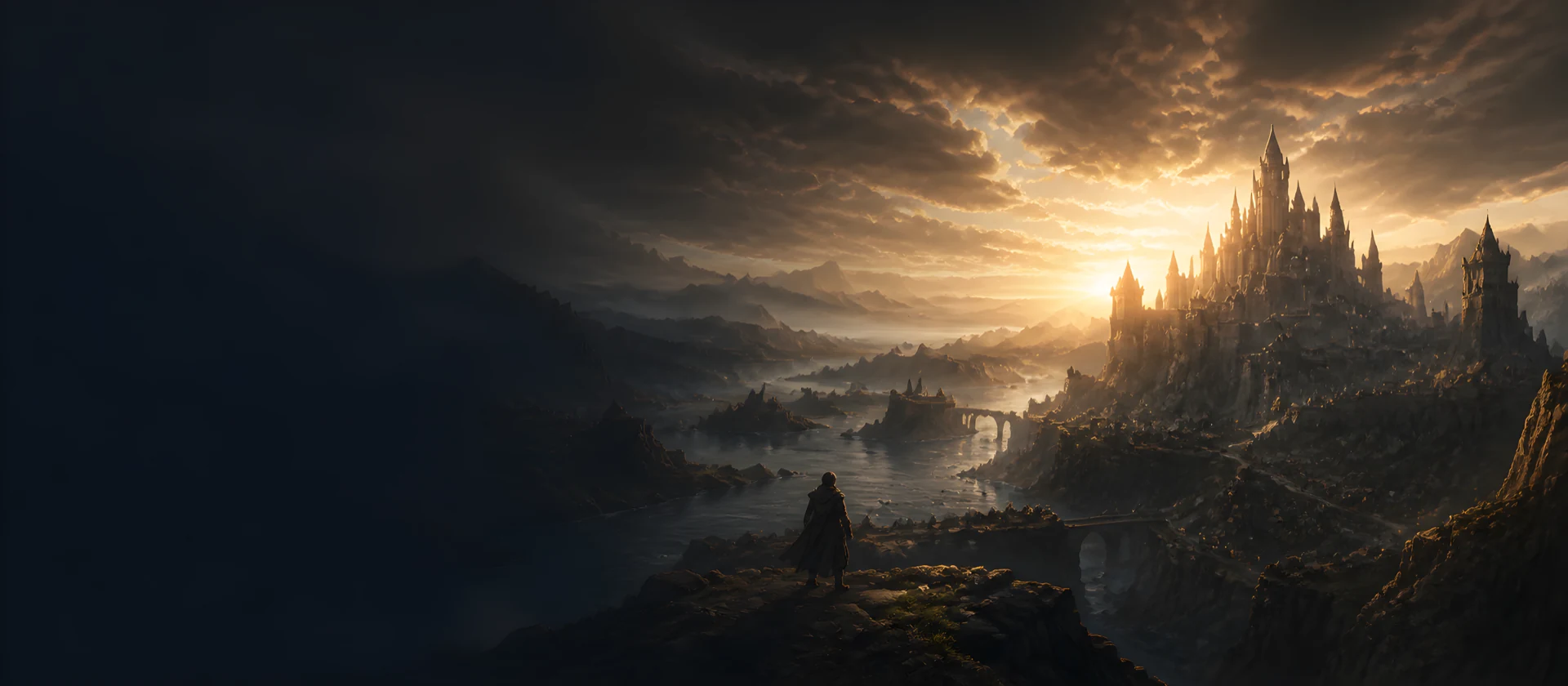 Panorama di Alseran all'alba: un viandante osserva la vallata e la città fortificata sulle rupi.