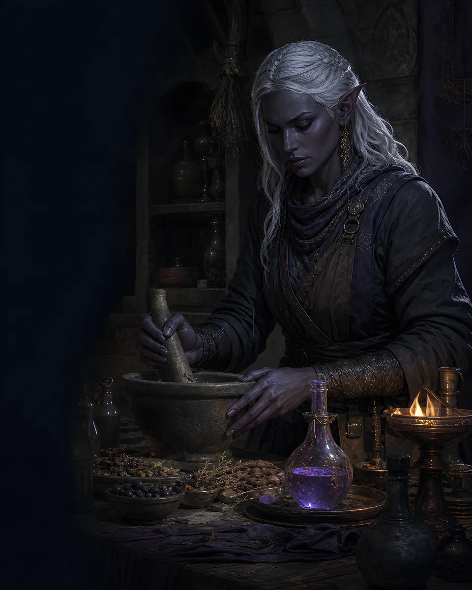 Un'alchimista drow pesta reagenti nel mortaio accanto a un'ampolla che brilla di viola sul fornello.